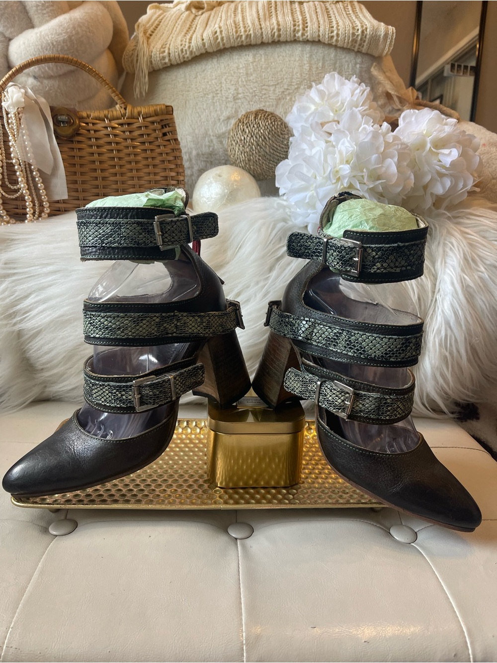 Freebird RARE “Jaclynn” Leather Cut-Out Sandal Bootie in Olive Multi Green Snake